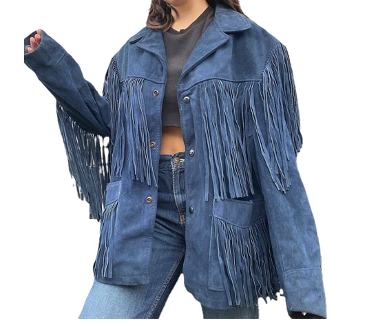 Western Fringe Blue Suede Leather Jacket for Women WFJ302