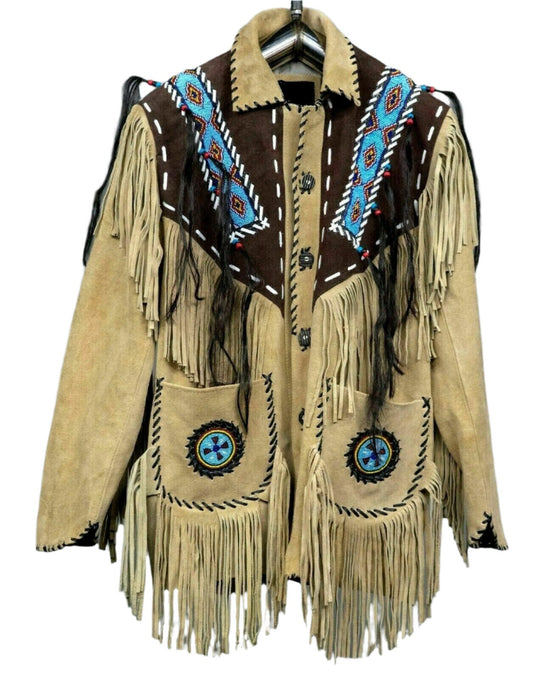 Native American Style Beige Suede Leather Fringe Beaded Jacket for Men MWJ337