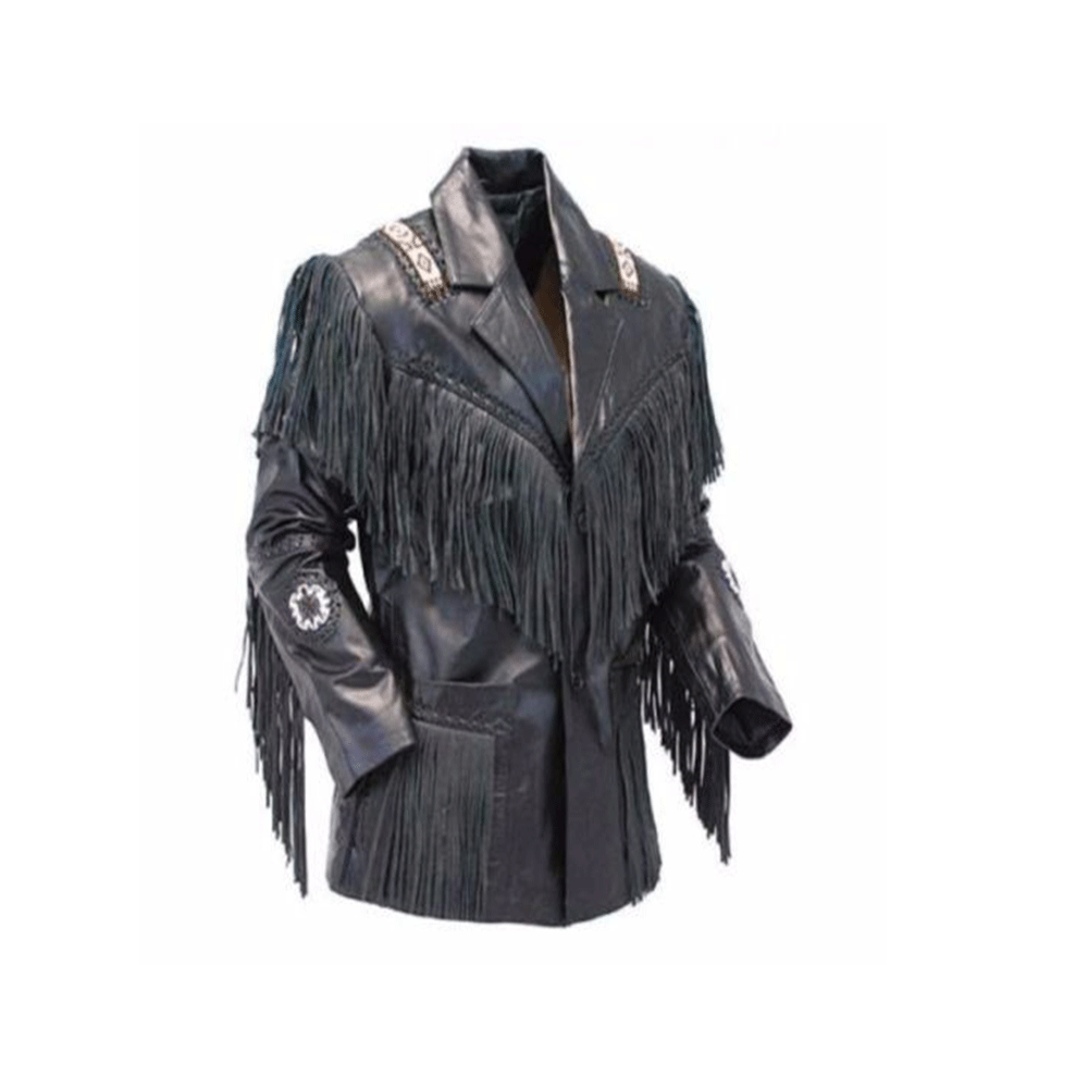 Western Black Leather Fringe Beaded Jacket for Men MWJ502