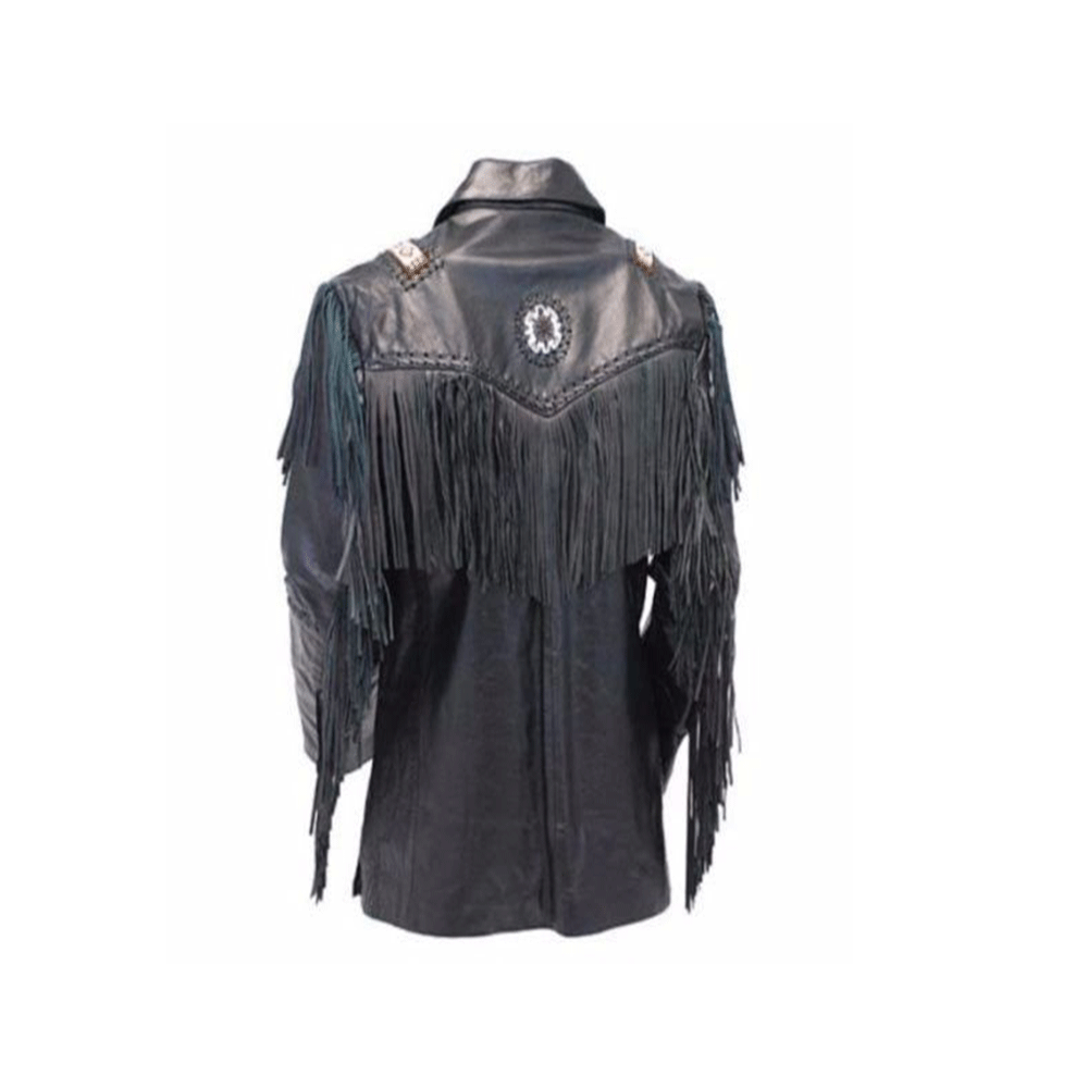 Western Black Leather Fringe Beaded Jacket for Men MWJ502