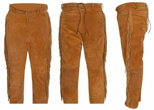 Golden Brown Suede Leather Fringe Pants For Men Western Pant MFP132