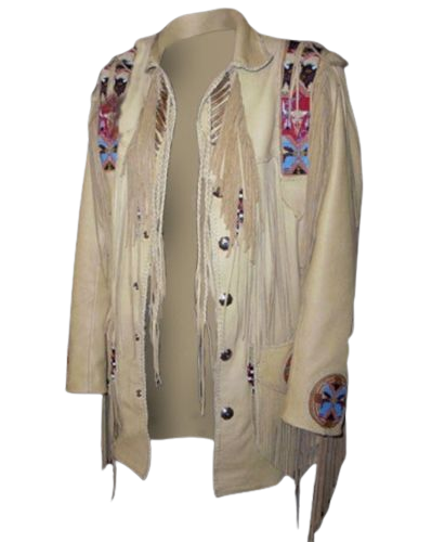 Western Beige Leather Fringe Beaded Jacket for Men MWJ305