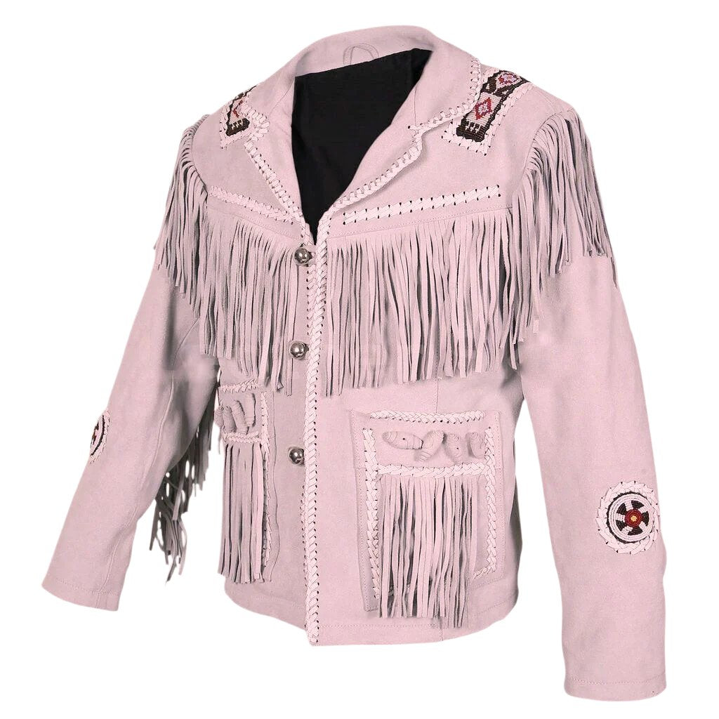 Western Beige Suede Leather Fringe Beaded Jacket for Men MWJ346