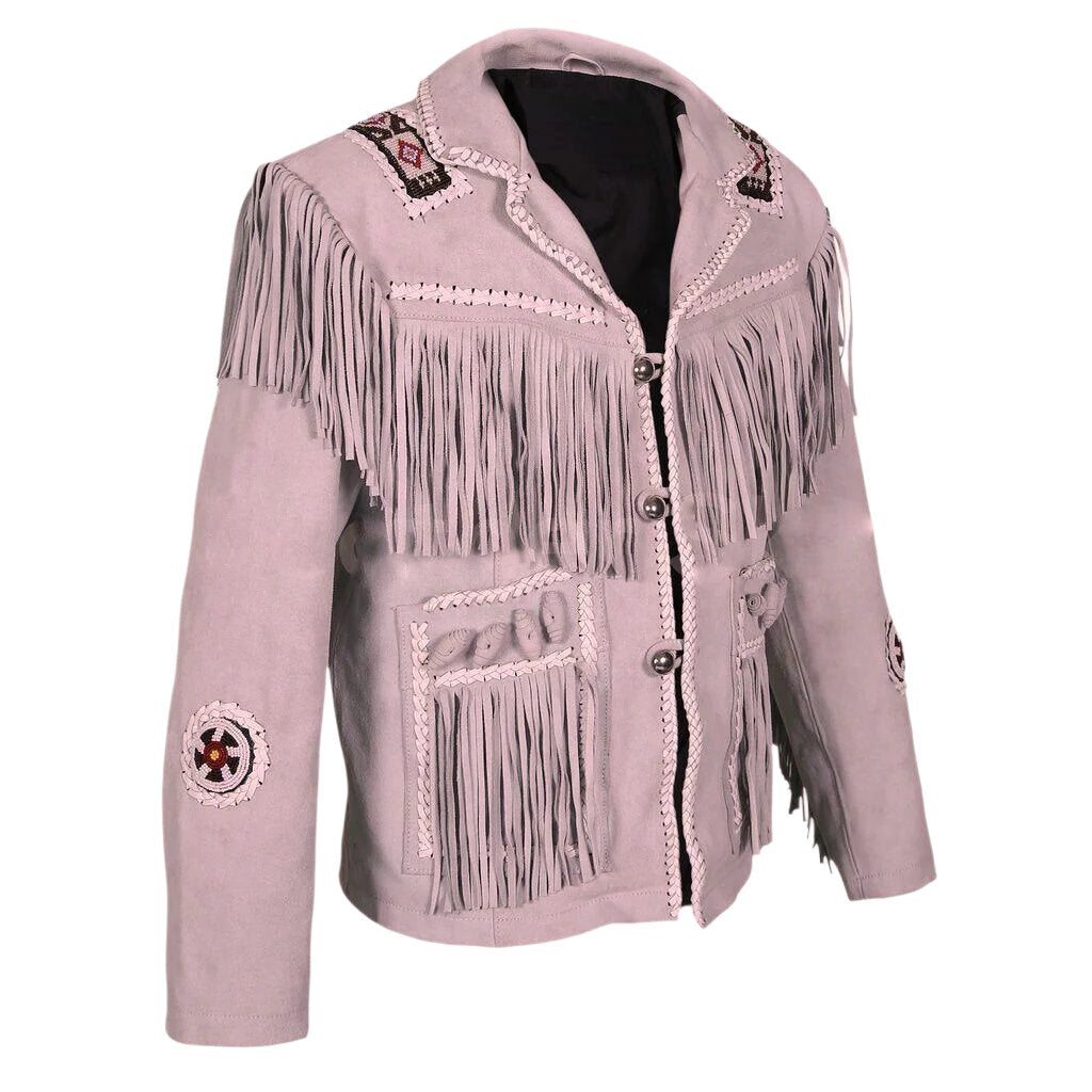 Western Beige Suede Leather Fringe Beaded Jacket for Men MWJ346