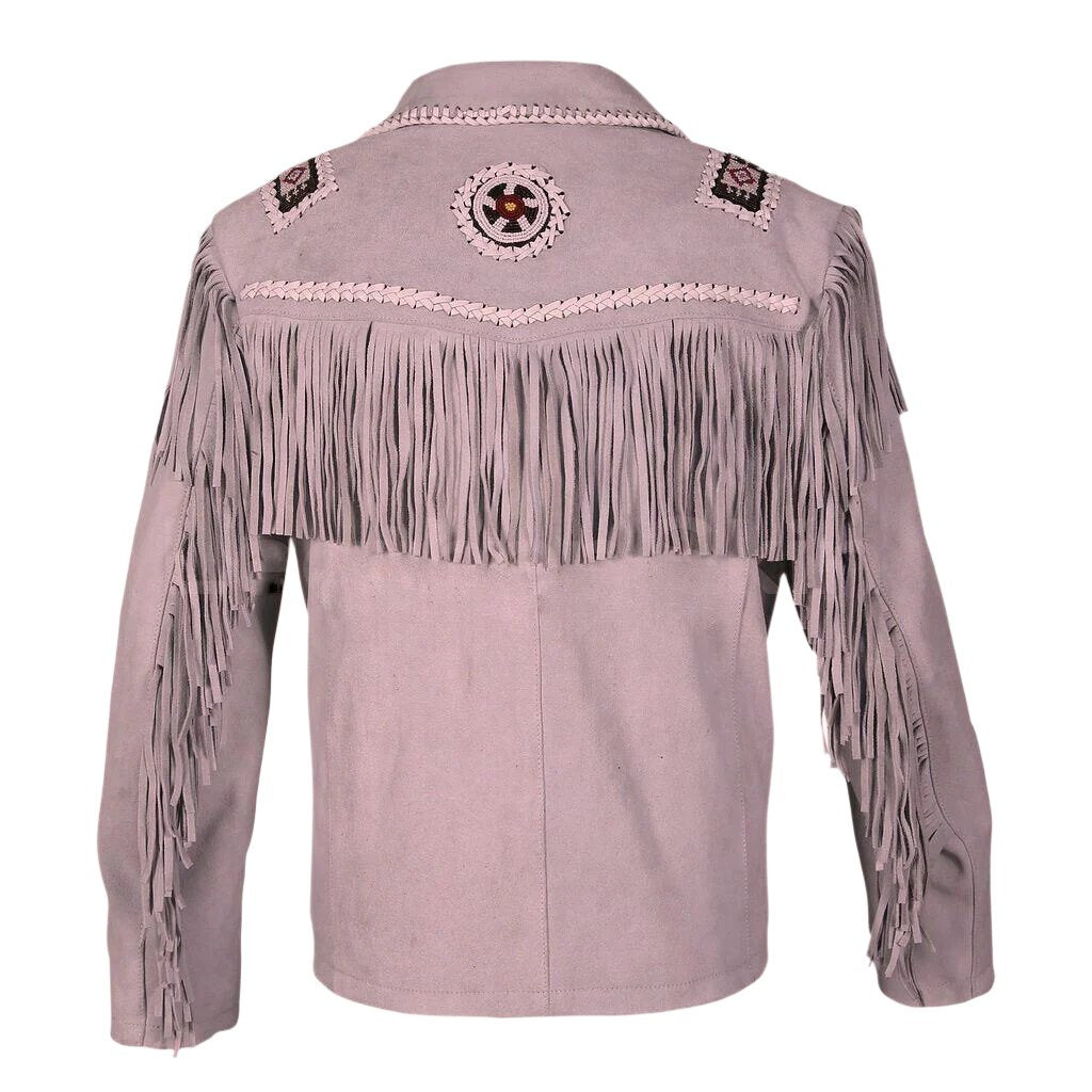 Western Beige Suede Leather Fringe Beaded Jacket for Men MWJ346