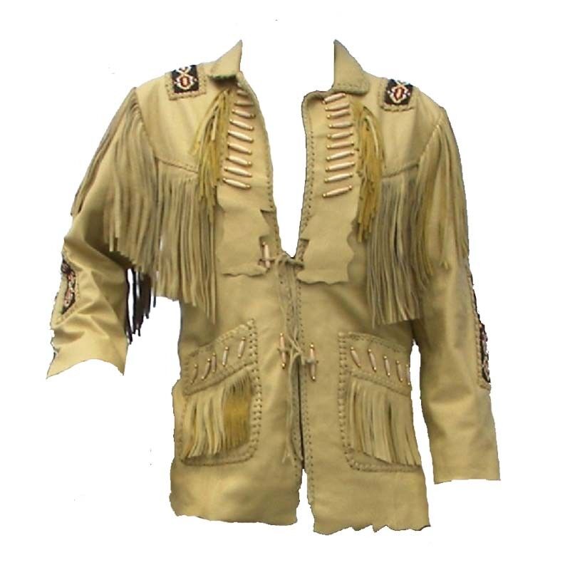 Western Beige Leather Fringe Beaded Jacket for Men MWJ323