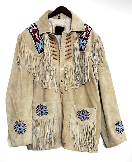 Native American Style Beige Suede Leather Fringe Beaded Jacket for Men MWJ338