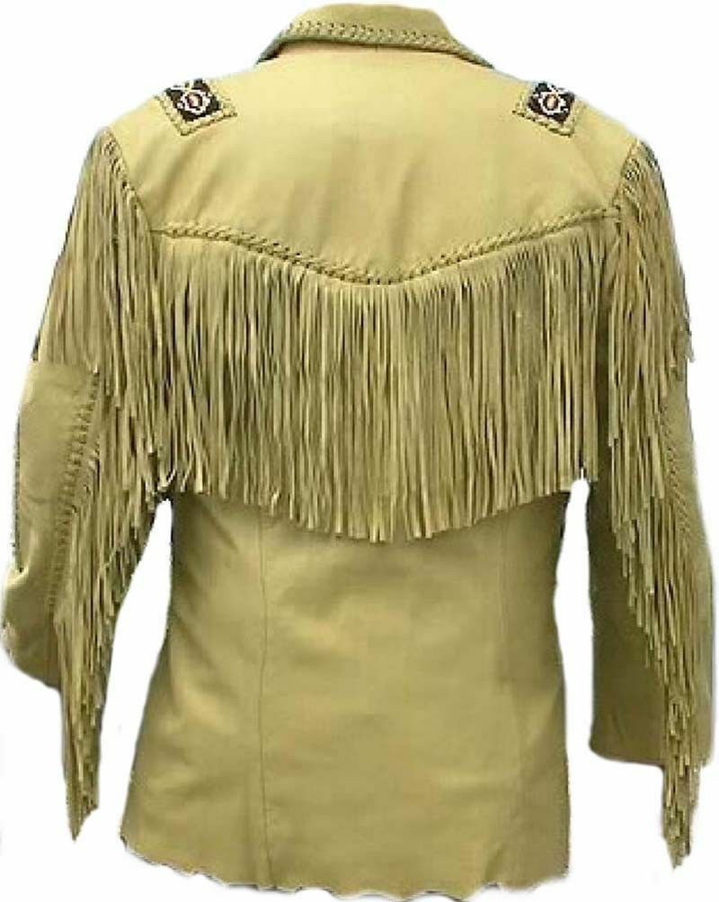 Western Beige Leather Fringe Beaded Jacket for Men MWJ323