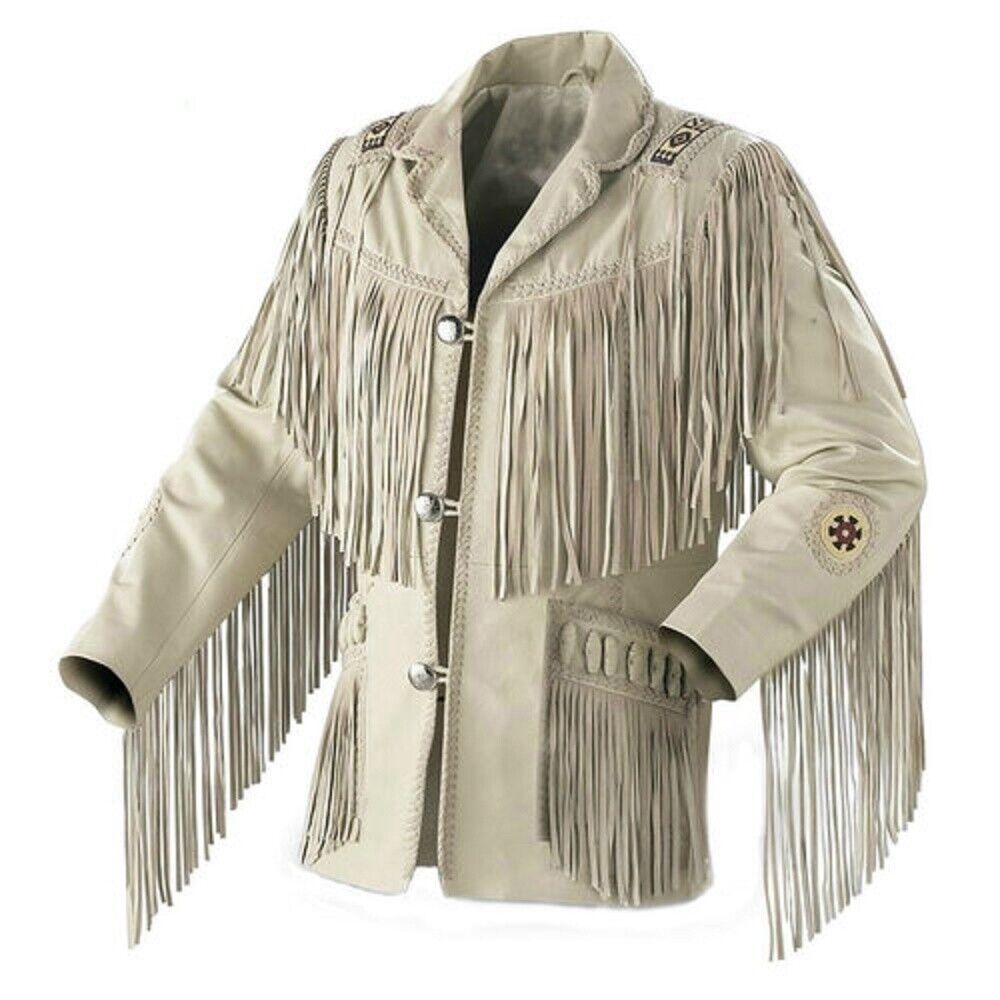 Western Beige Leather Fringe Beaded Jackets for Men MWJ303