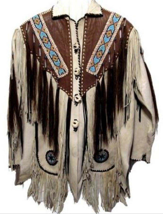 Native American Style Beige Leather Fringe Beaded Jacket for Men MWJ321