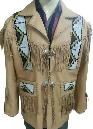 Western Fringe Beige Leather Native American Beaded Jacket for Men MWJ304