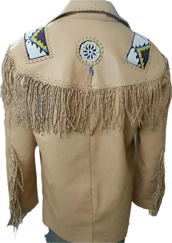 Western Fringe Beige Leather Native American Beaded Jacket for Men MWJ304