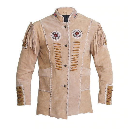 Western Beige Suede Leather Fringe Beaded Jacket for Men MWJ331