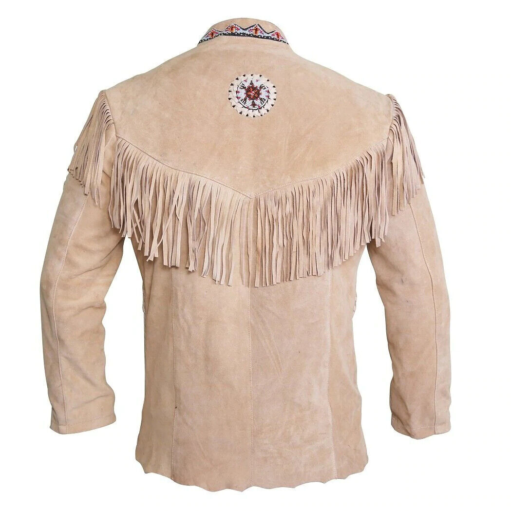 Western Beige Suede Leather Fringe Beaded Jacket for Men MWJ331