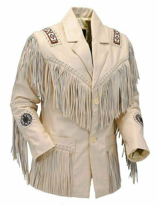 Western Black Leather Fringe Beaded Jacket for Men MWJ503