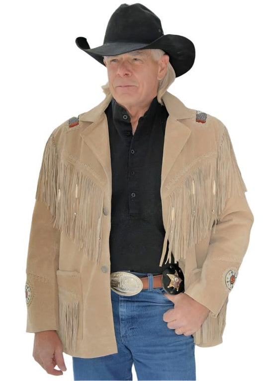 Western Beige Suede Leather Fringe Beaded Jacket for Men MWJ339