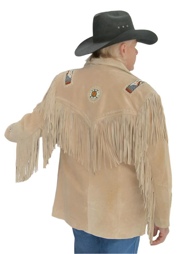 Western Beige Suede Leather Fringe Beaded Jacket for Men MWJ339