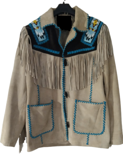 Native American Style Beige Suede Leather Fringe Beaded Jacket for Men MWJ340