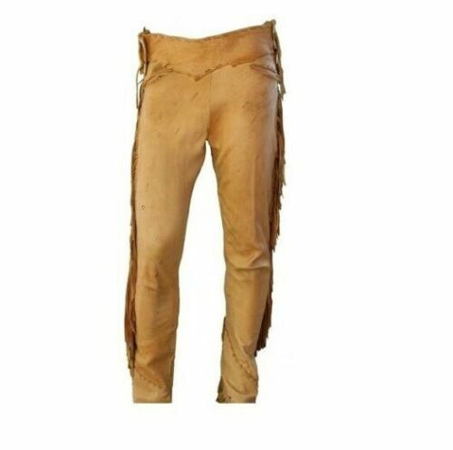 Tan Leather Fringe Pants For Men Ragged Leather Western Pant MFP226