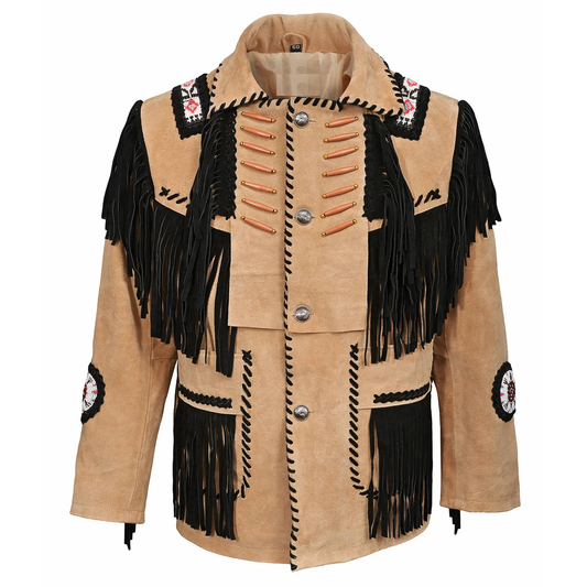 Western Beige Suede Leather Black Fringe Beaded Jacket for Men MWJ332