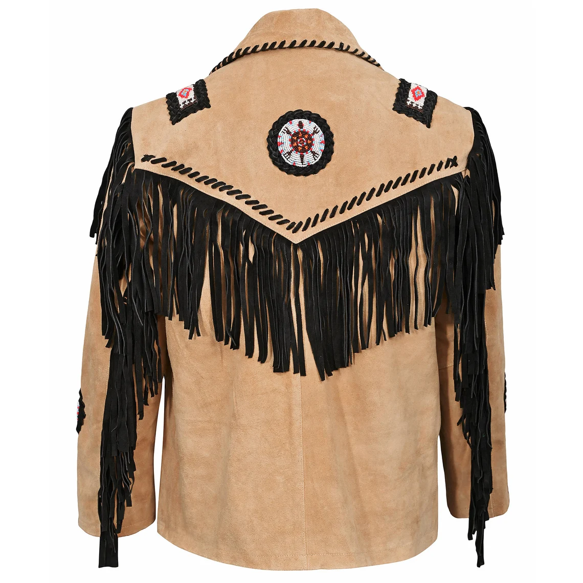 Western Beige Suede Leather Black Fringe Beaded Jacket for Men MWJ332