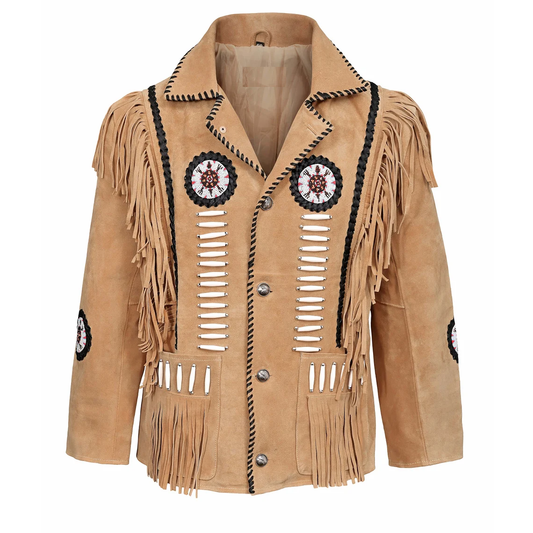 Western Beige Suede Leather Fringe Beaded Jacket for Men MWJ333