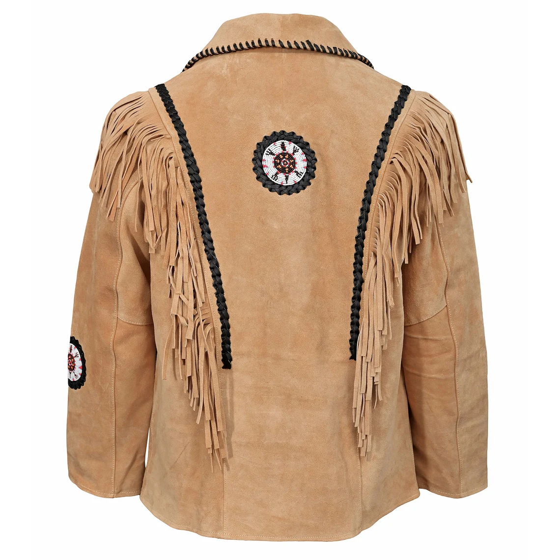 Western Beige Suede Leather Fringe Beaded Jacket for Men MWJ333