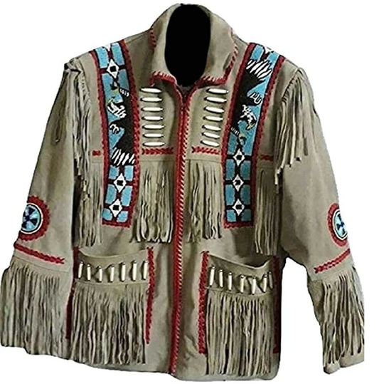 Native American Style Beige Suede Leather Fringe Eagle Beaded Jacket for Men MWJ334