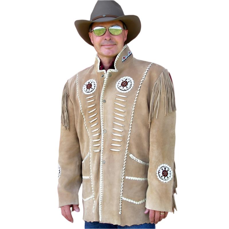 Western Beige Suede Leather Fringe Beaded Jacket for Men MWJ335