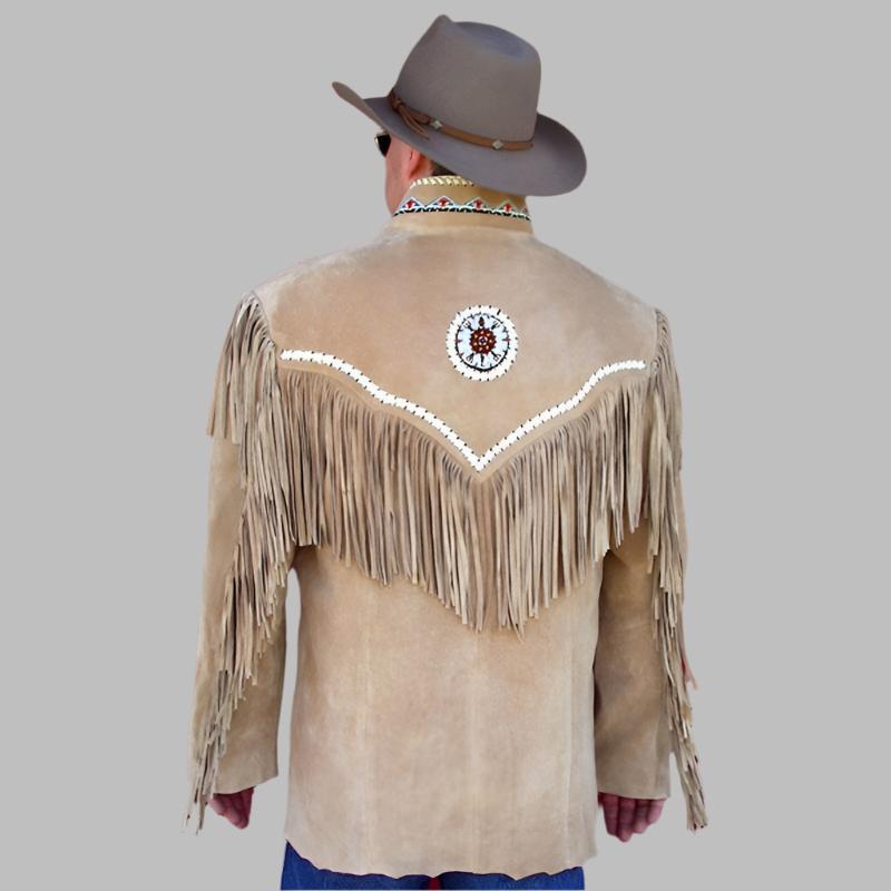 Western Beige Suede Leather Fringe Beaded Jacket for Men MWJ335