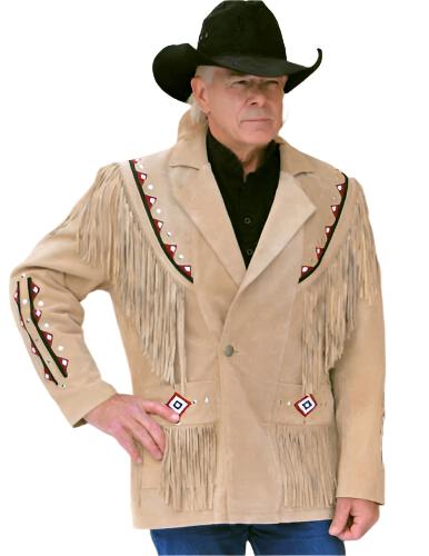 Western Beige Suede Leather Fringe Beaded Jacket for Men MWJ336