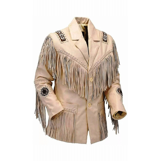 Western Beige Leather Fringe Beaded Jacket for Men MWJ306