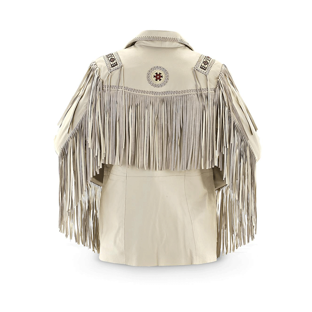 Western Fringe Beaded Beige Leather Jacket for Men MWJ302