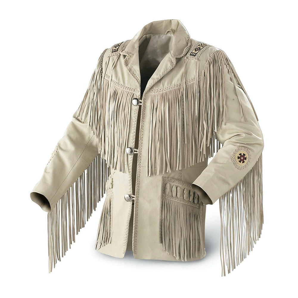 Western Fringe Beaded Beige Leather Jacket for Men MWJ302