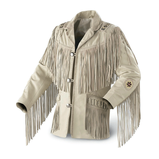 Western Beige Leather Fringe Beaded Jacket for Men MWJ307