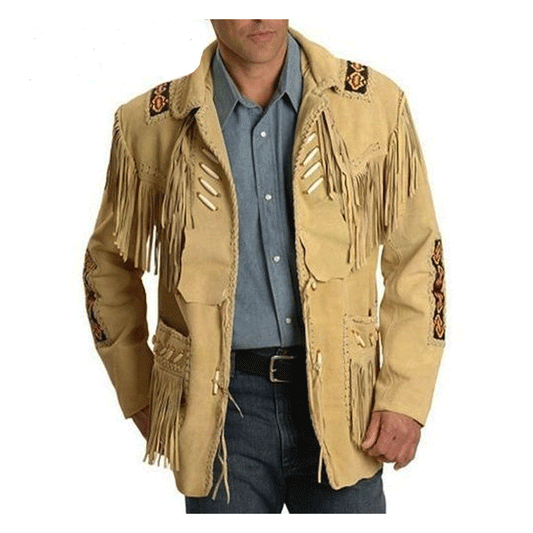 Western Beige Leather Fringe Beaded Jacket for Men MWJ308