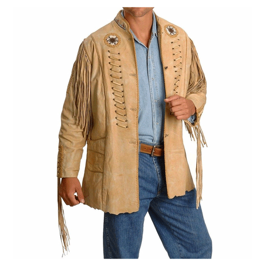 Western Beige Leather Fringe Beaded Jacket for Men MWJ309