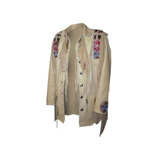 Western Fringe Beaded Beige Leather Jacket for Men MWJ108