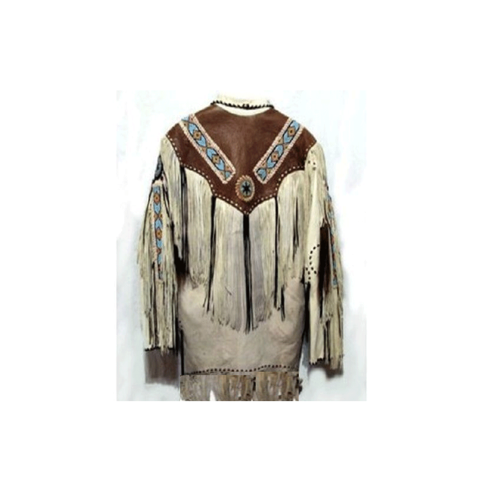 Western Fringe Beaded Beige Leather Jacket for Men MWJ109