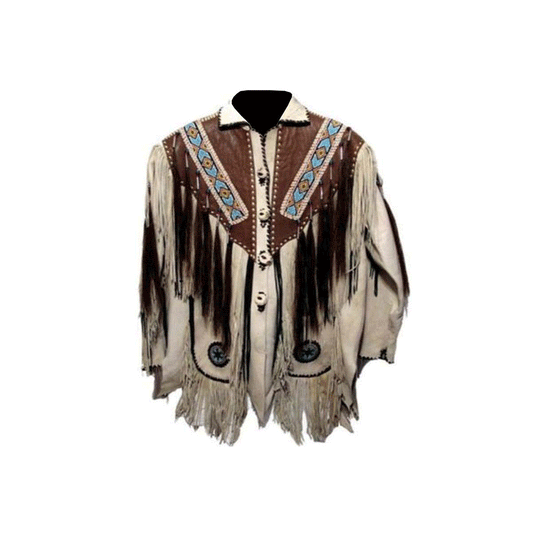 Western Fringe Beaded Beige Leather Jacket for Men MWJ109