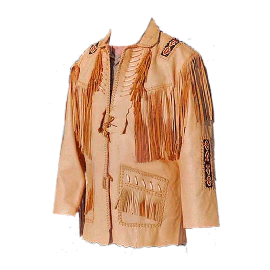 Western Beige Leather Fringe Beaded Jacket for Men MWJ310