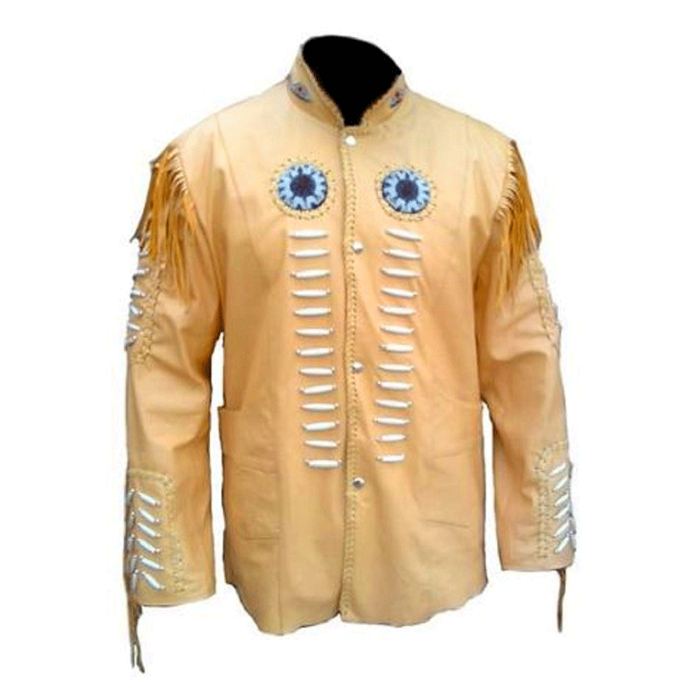 Western Fringe Beaded Beige Leather Jacket for Men MWJ110