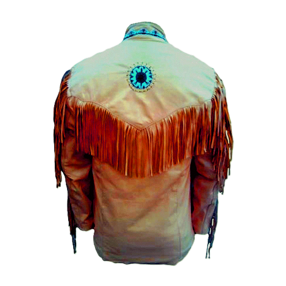 Western Fringe Beaded Beige Leather Jacket for Men MWJ110