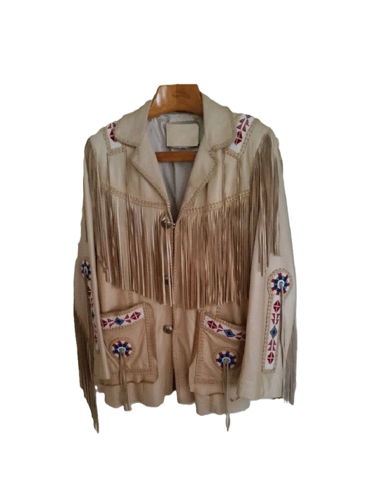 Western Fringe Beaded Beige Leather Jacket for Men MWJ111