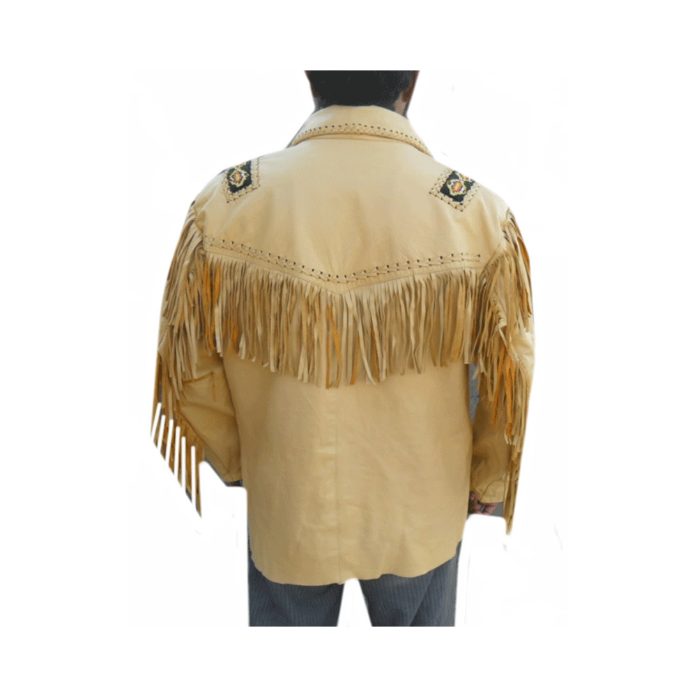 Western Fringe Beaded Beige Leather Jacket for Men MWJ112