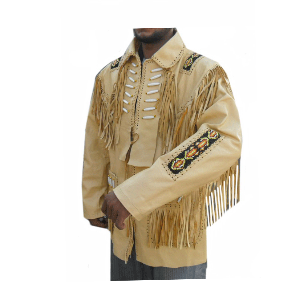 Western Fringe Beaded Beige Leather Jacket for Men MWJ112