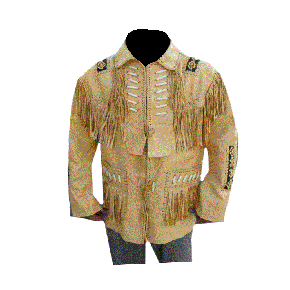 Western Fringe Beaded Beige Leather Jacket for Men MWJ112