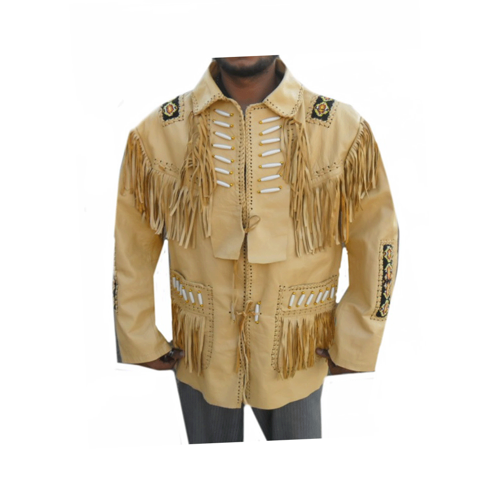 Western Beige Leather Fringe Beaded Jacket for Men MWJ311