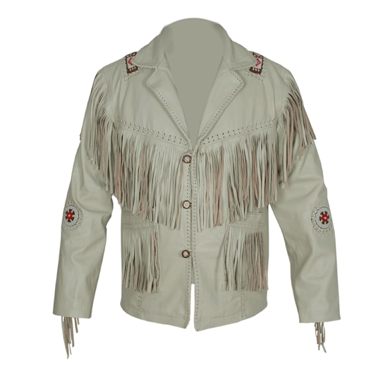 Western Beige Leather Fringe Beaded Jacket for Men MWJ312