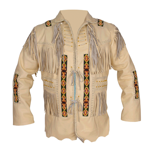 Western Beige Leather Fringe Beaded Jacket for Men MWJ325